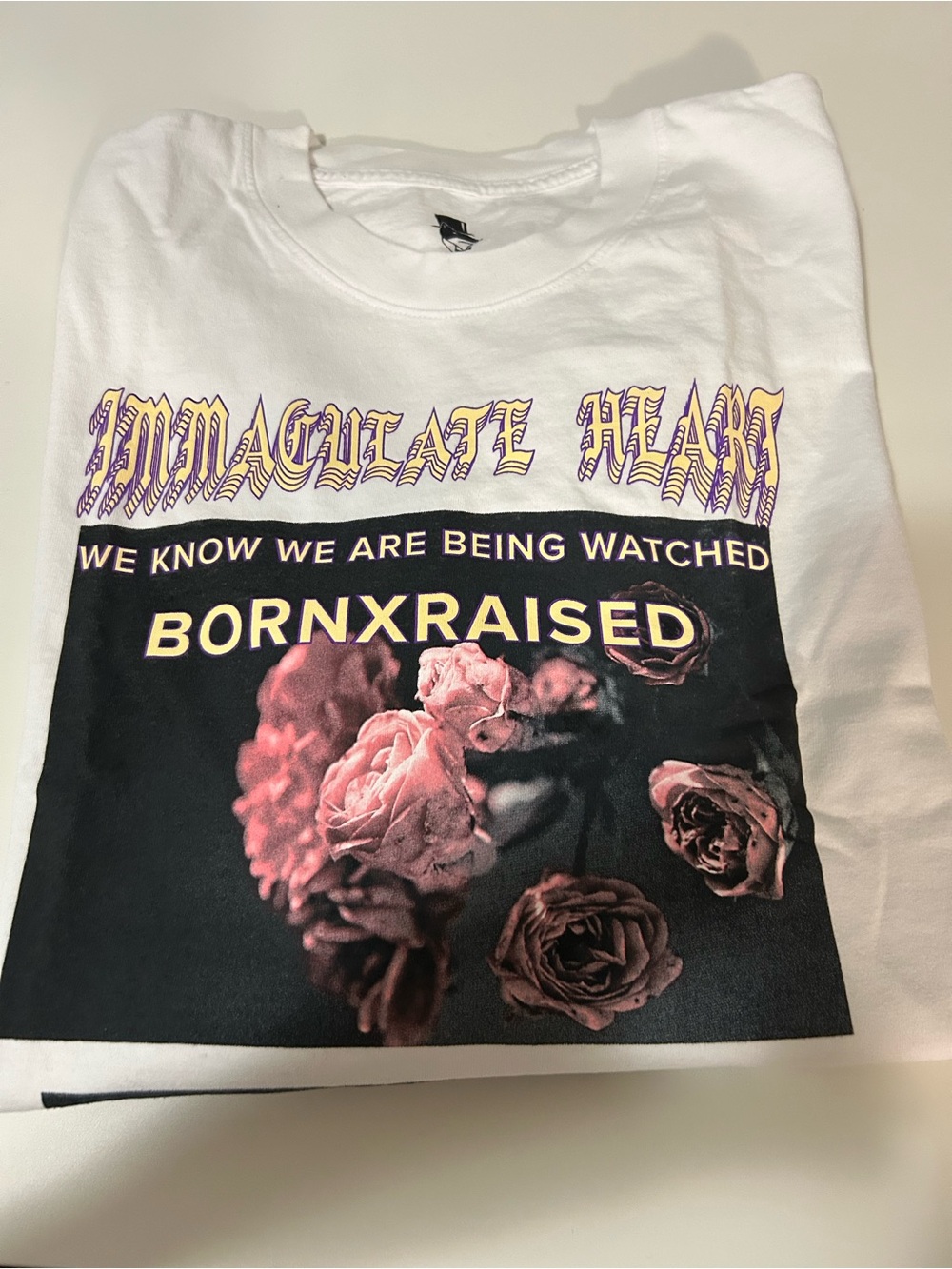 BORN X RAISED “Immaculate Heart “ Long Sleeve Tee XL with Purple & Pink Graphic